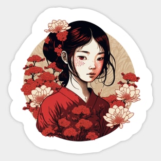 Japanese Girl wearing a Kimono with Red Flowers Sticker